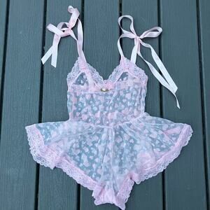 Sheer pink romper with flocked hearts and ribbon ties, Sugar Thrillz coquette